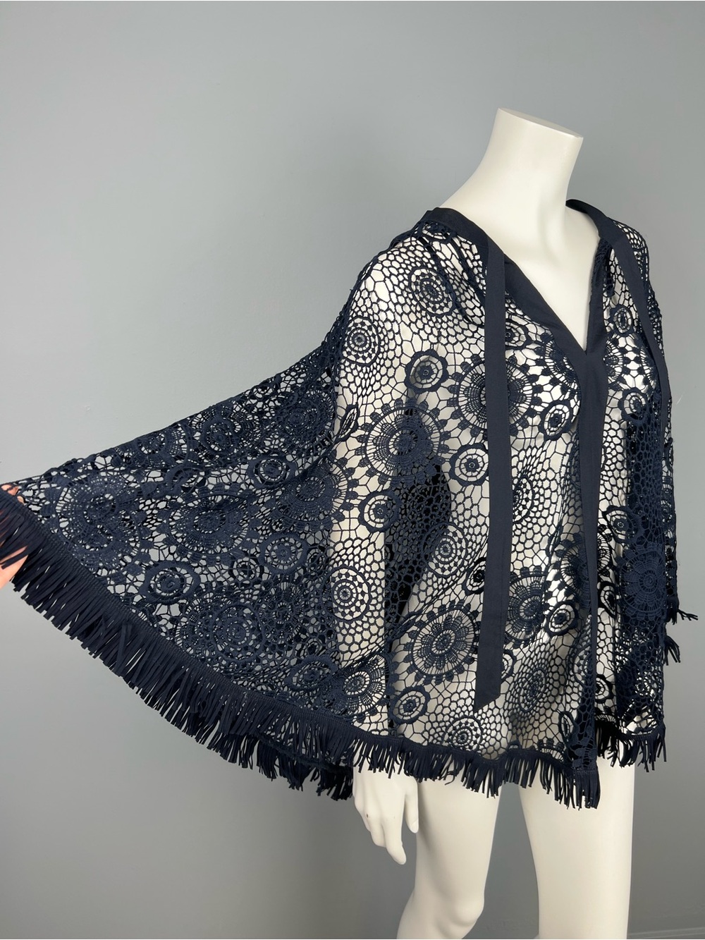 Vintage Nanette Lepore Women's Navy Crochet Fringe Poncho Top